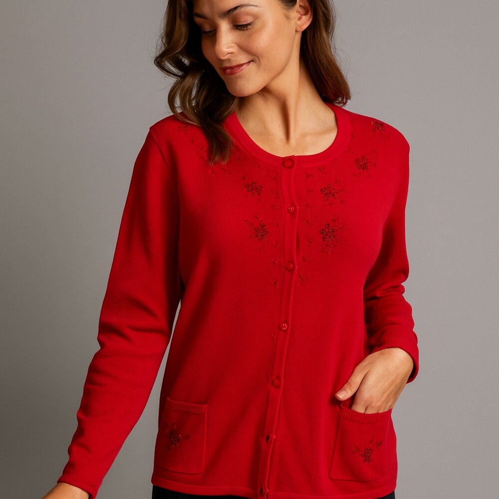 BonWorth Large Red Embroidered Floral Cardigan Vintage Holiday Classic Cottage